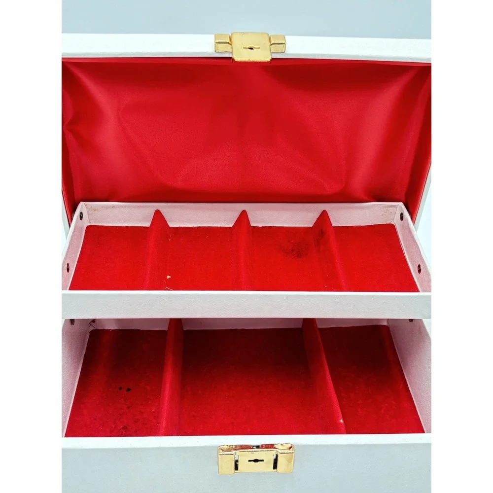 Vintage Buxton Jewelry Box w Key Ivory Red Velvet 2 Tier MCM USA Vanity